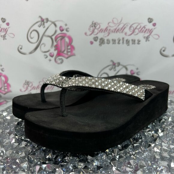 Yellow box wedge sandals flip flops rhinestone jewels Black and Silver Sandals - Picture 6 of 10